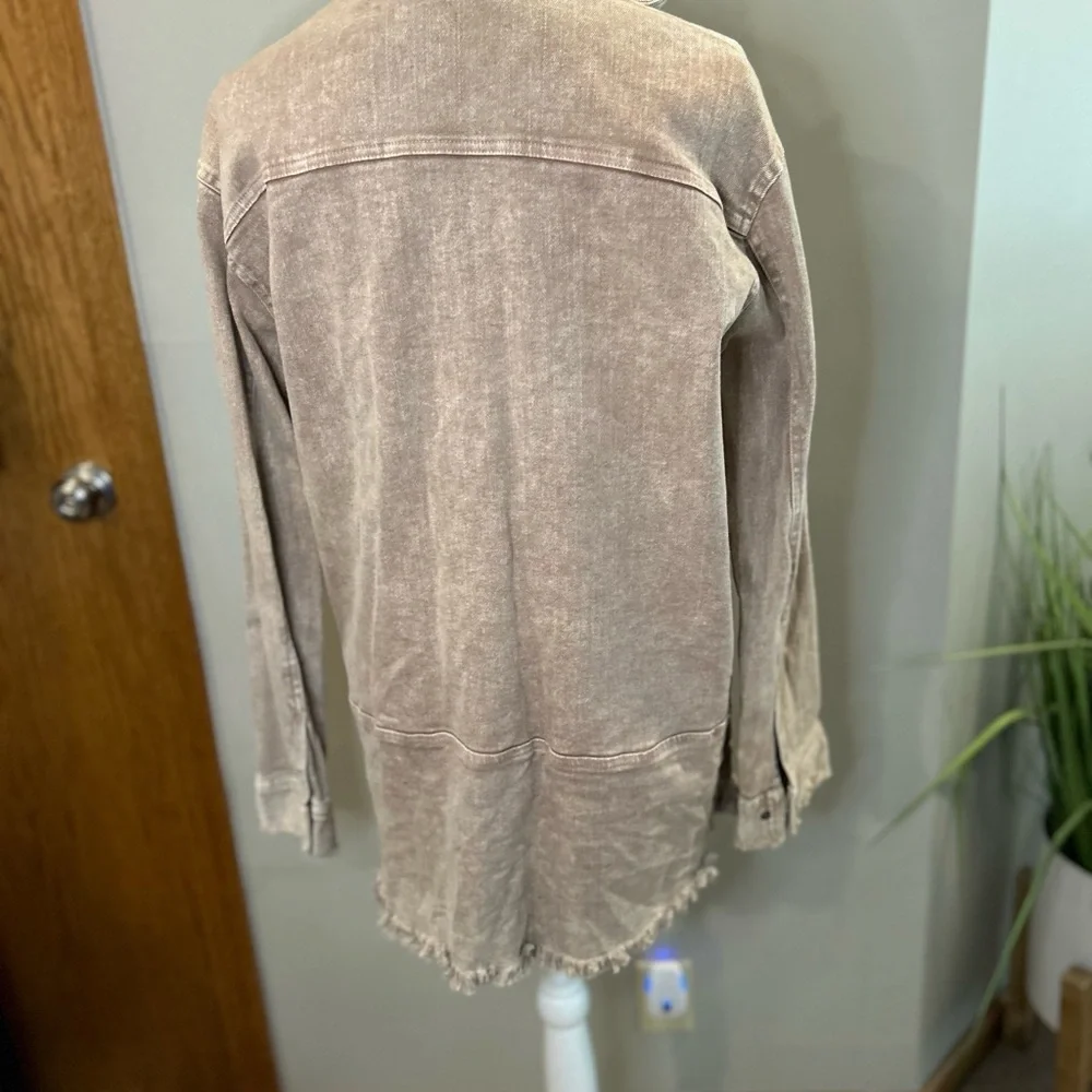 Umgee USA Tan Frayed Hem Shacket Button Front Boho Lagenlook jacket M
